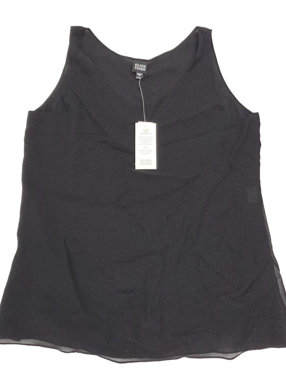 Eileen Fisher Sheer Silk Georgette Tank Top Shirt Womens Large Black Sleeveless